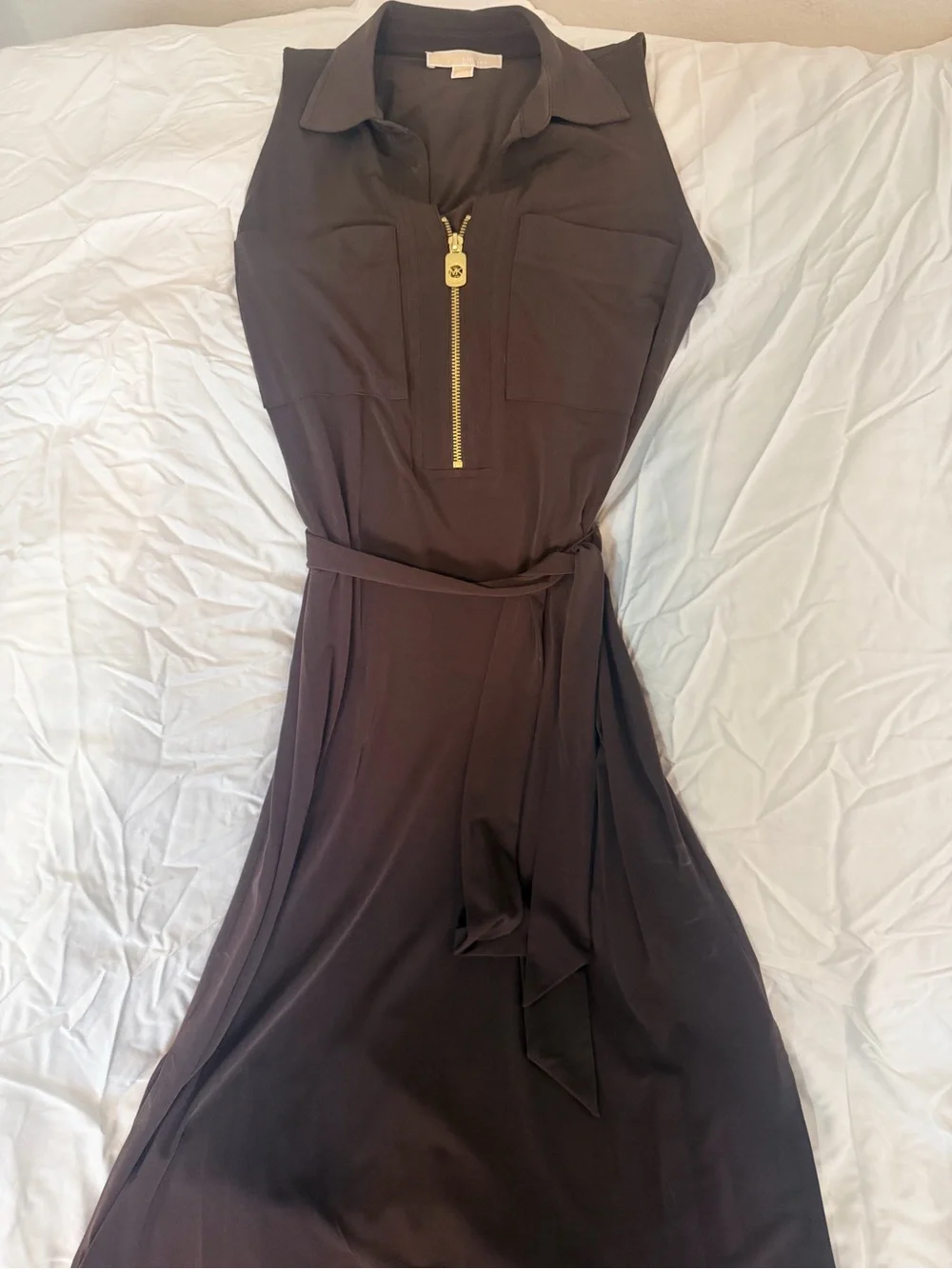 Michael Kors Sleeveless Zip-Front Midi Dress in Dark Brown